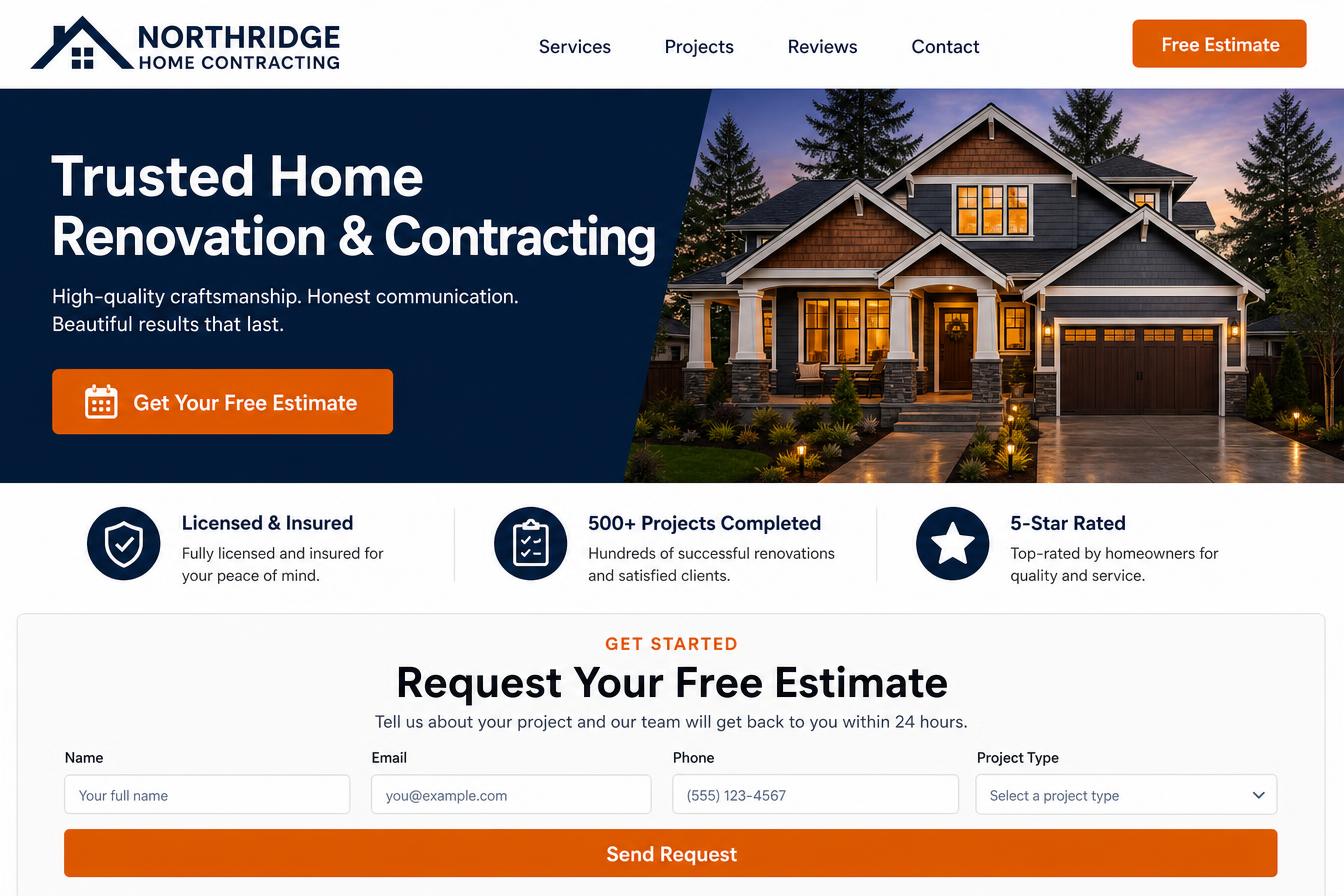 Example contractor website mockup showing a home renovation landing page with a free estimate CTA and trust badges